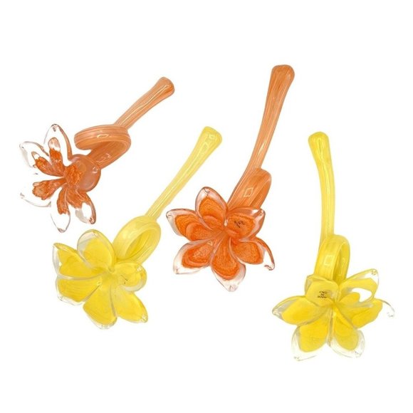 Murano Italian Glass Flower Napkin Ring Set of 6 Holders Yellow Orange & Green - Picture 2 of 15